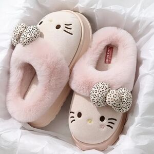 Hello Kitty Cream and Pink Slippers with Leopard Bow